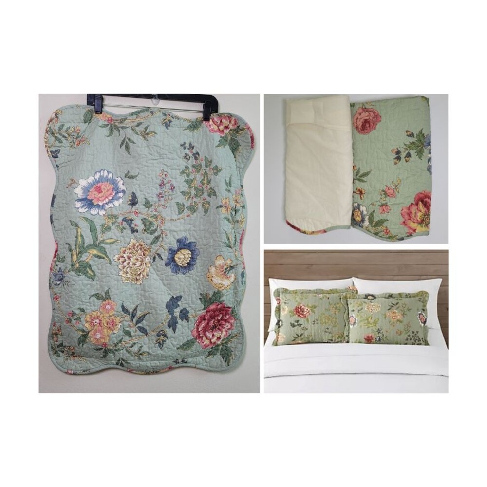 Brylane Home Sham Cover 2 KING Eden Garden Green Scalloped Floral Cottagecore